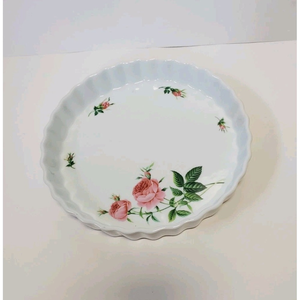 Vtg Christine Holm Ceramic Quiche Pie Dish 9.5" Fluted Rose Pattern Baking Plate